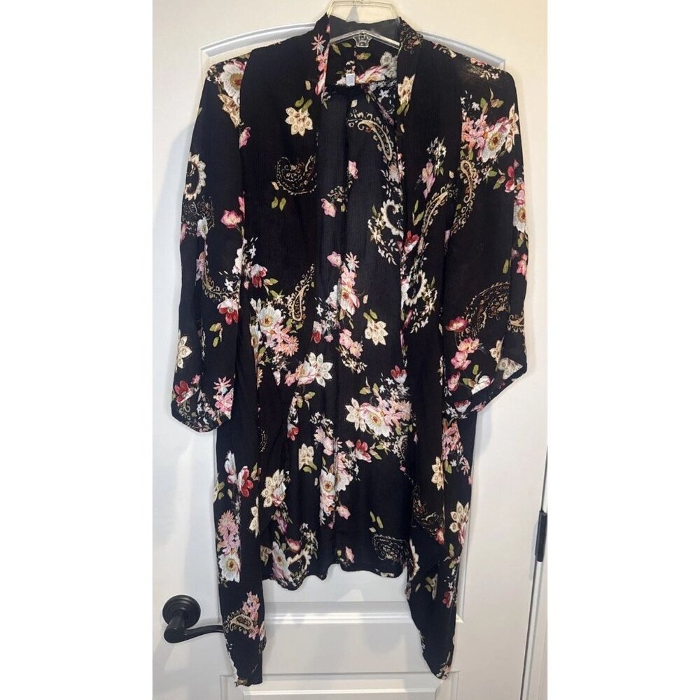 Patrons Of Peace Open Front Floral Cardigan Kimono 3/4 Sleeve Sz Small